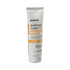 Closeup of McKesson antifungal cream label with 2% miconazole nitrate