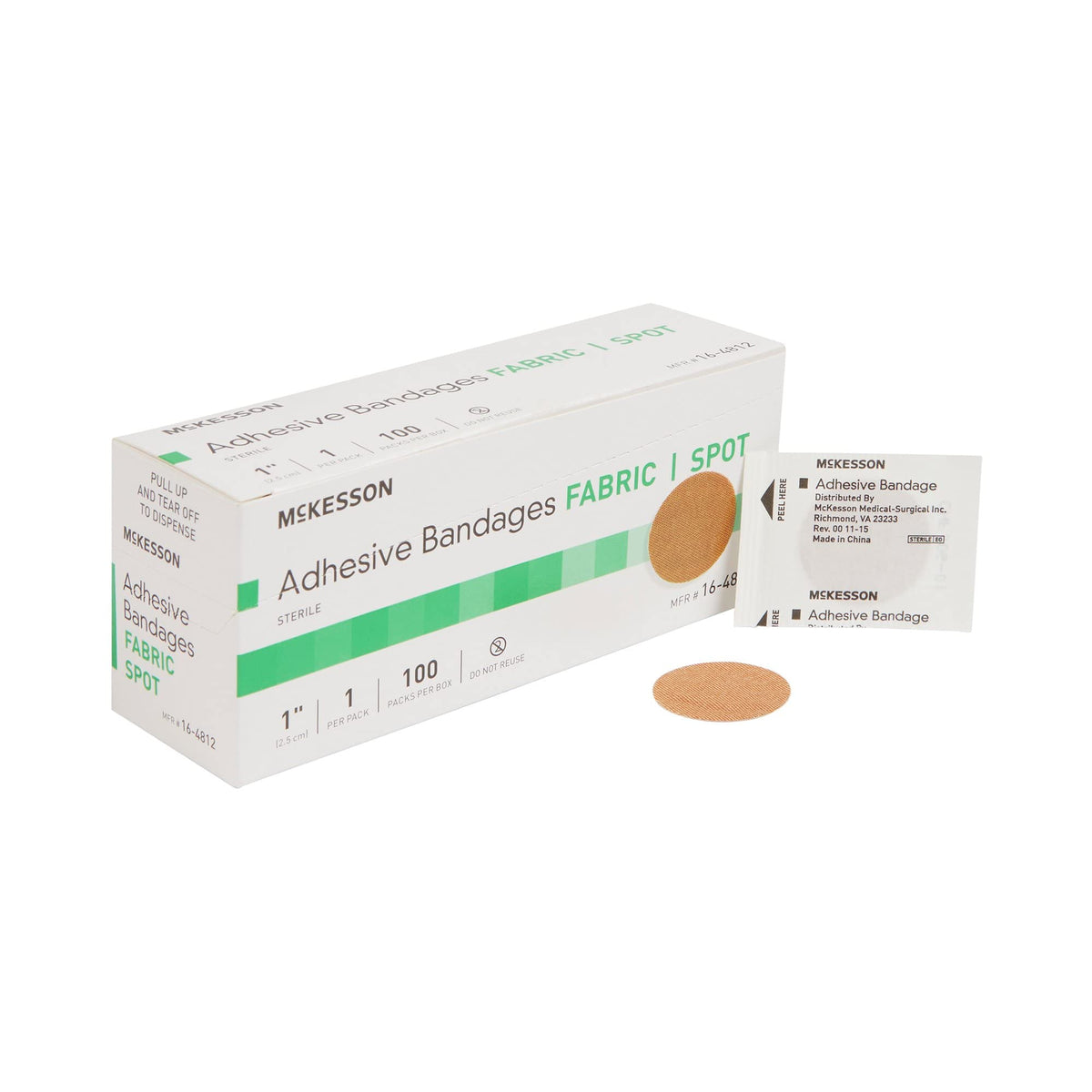 Banditas adhesivas McKesson de tela estéril de 1 pulgada para cortes menores y primeros auxilios.