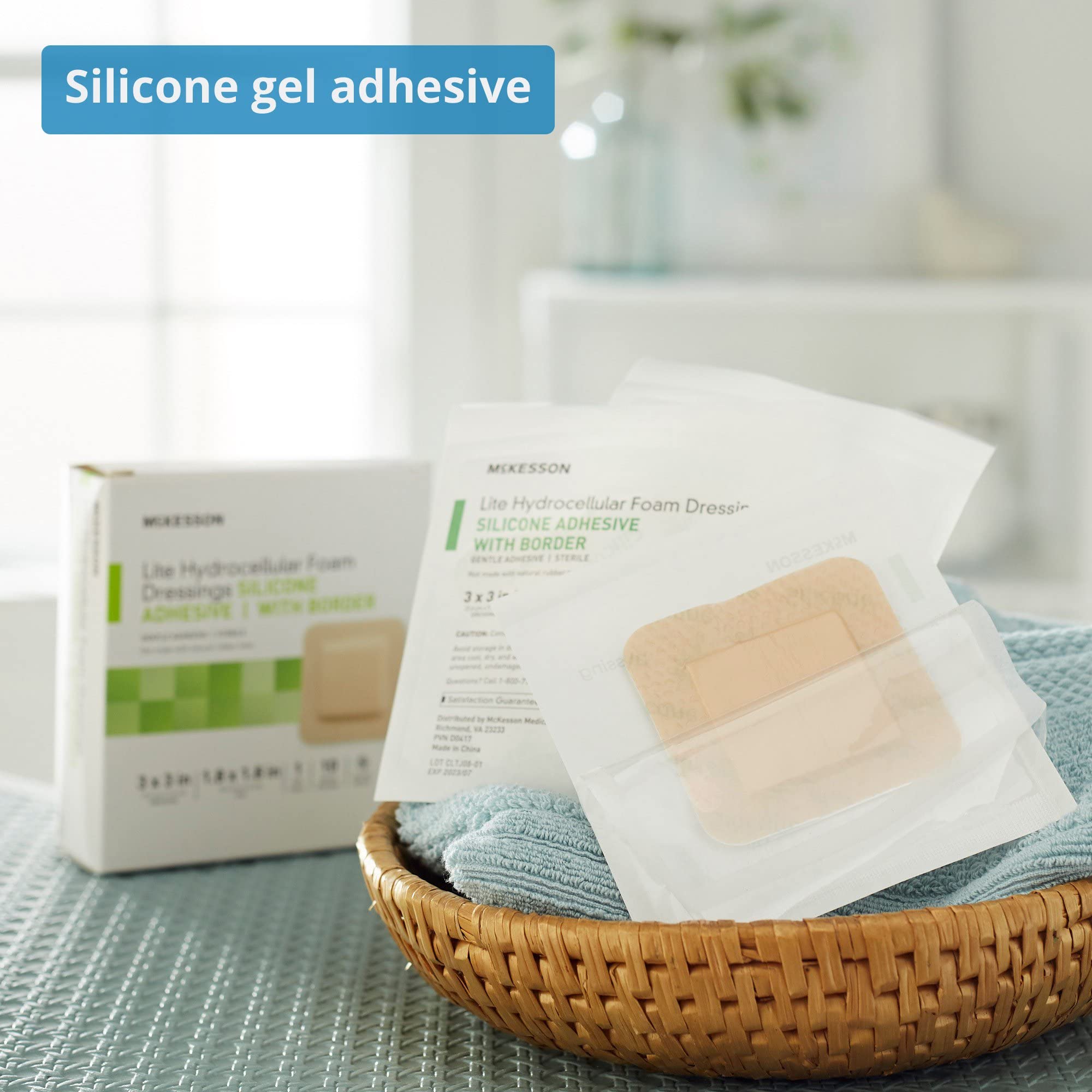Closeup of silicone adhesive border securing McKesson foam dressing for comfort.
