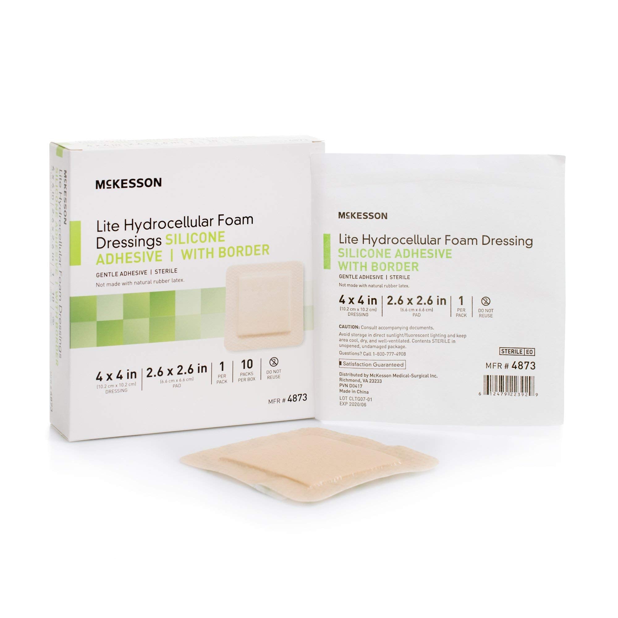 McKesson Lite Hydrocellular Foam Dressing showcases its 4x4 size for versatile coverage.