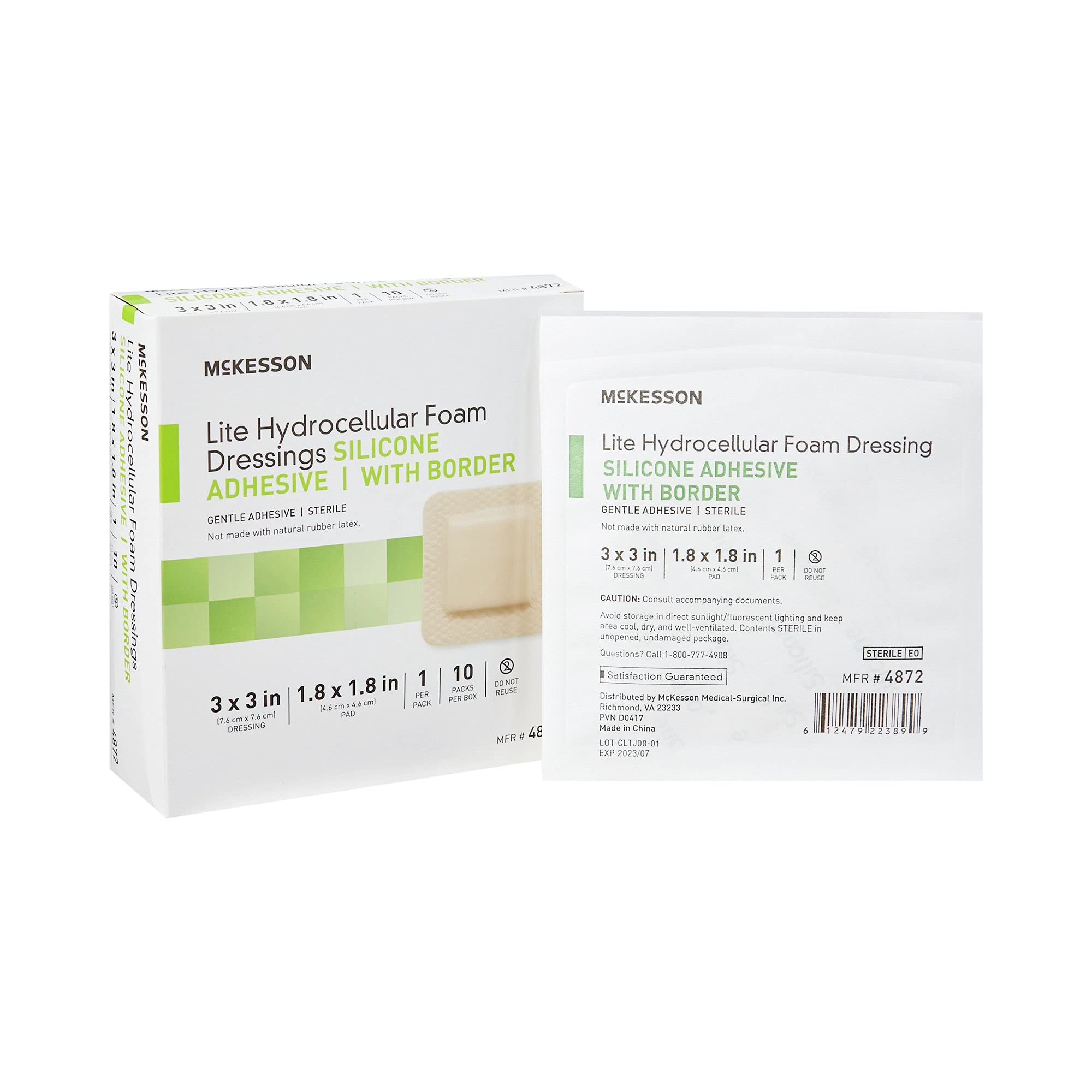 McKesson Lite hydrocellular foam dressing with sterile border on wound site.