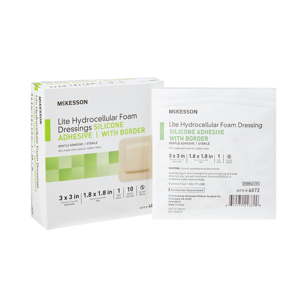 McKesson Lite hydrocellular foam dressing with sterile border on wound site.