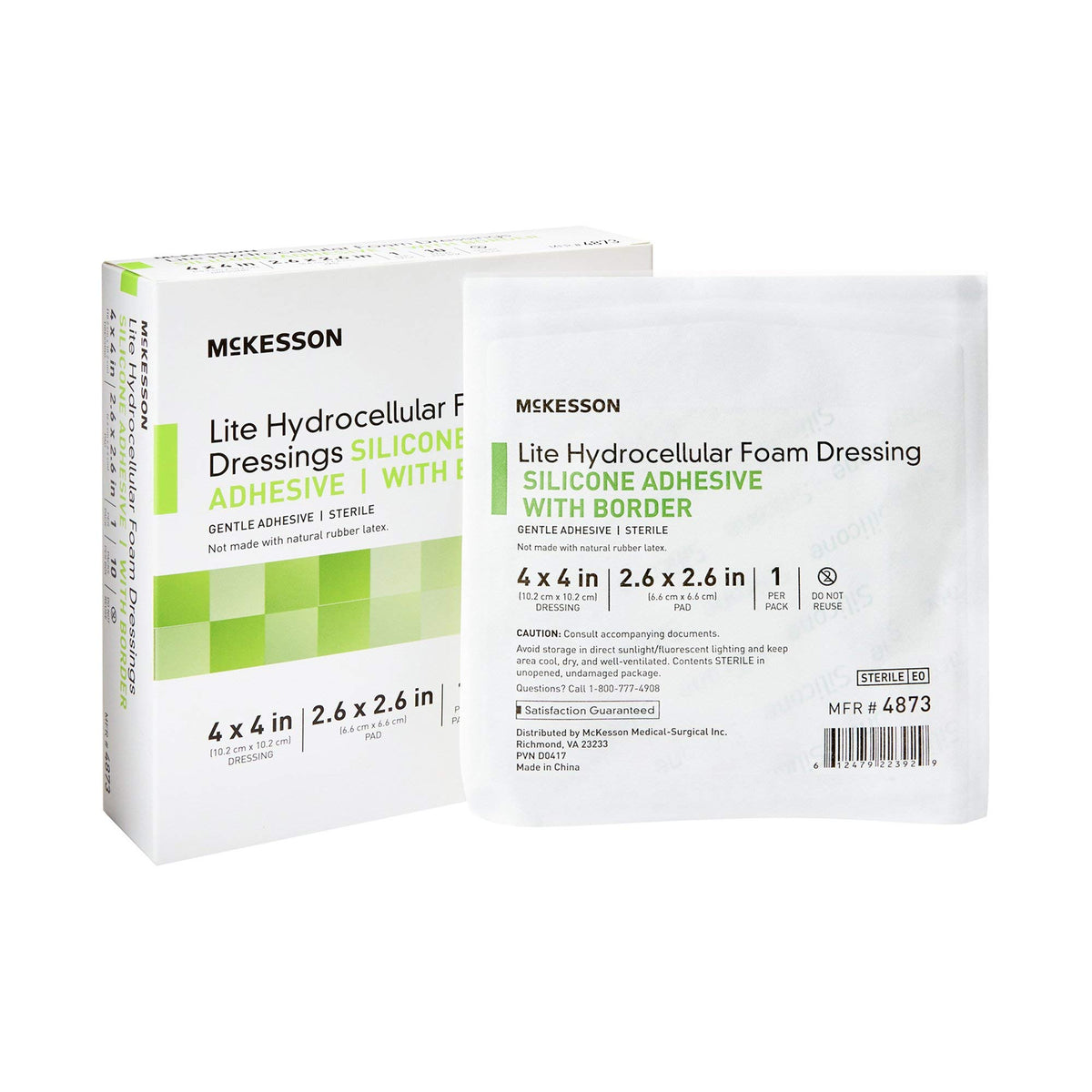 McKesson Lite Hydrocellular Foam Dressing, sterile border, 4x4 inch, for secure wound coverage.