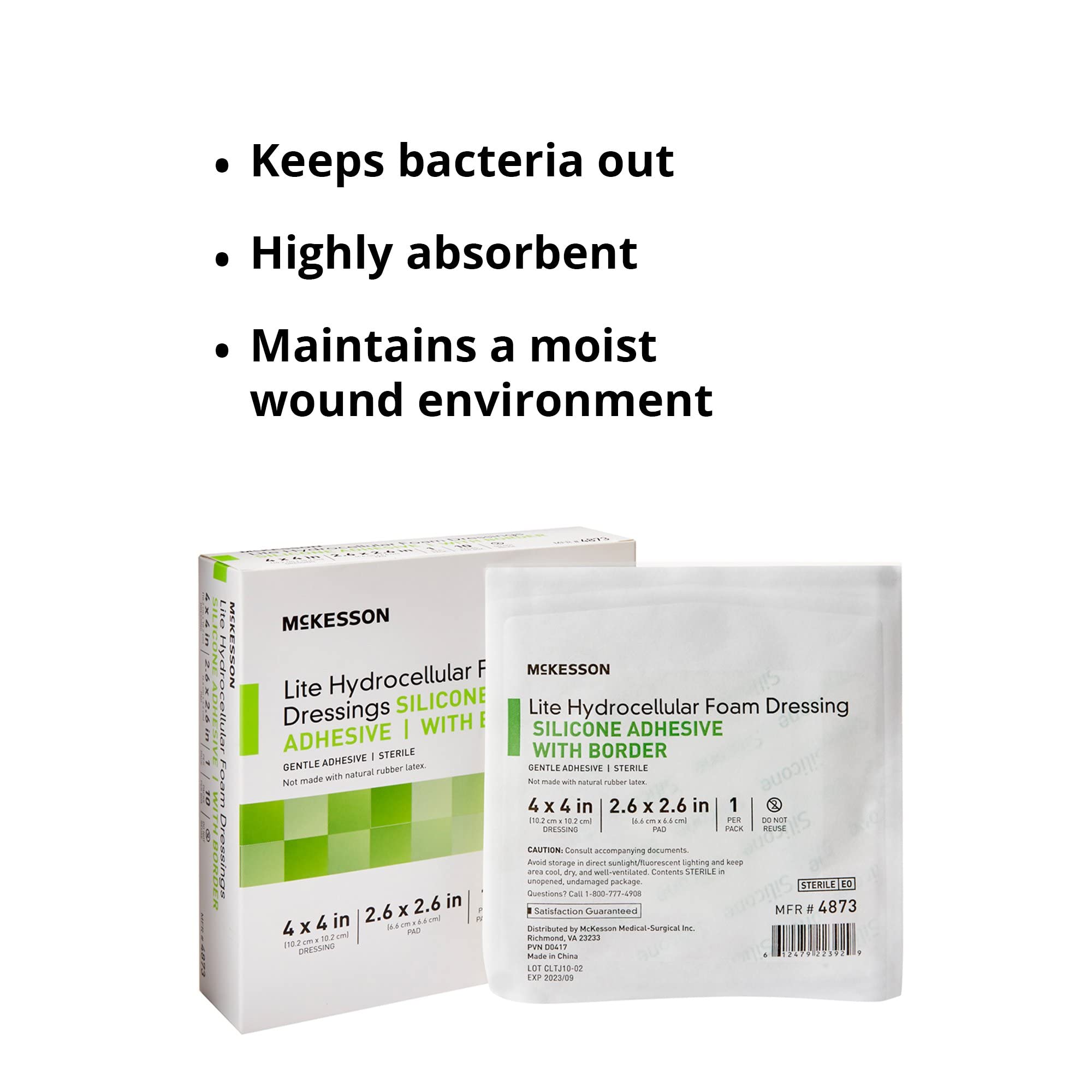 McKesson Lite Foam Dressing applied over wound area for moist, breathable coverage.