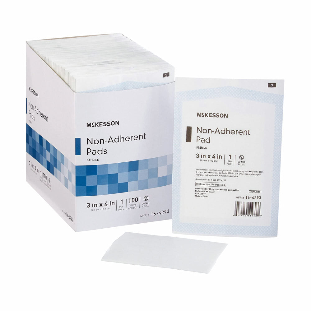 McKesson non-adherent dressing pad 3x4 sterile box; keeps wound clean during dressing changes.
