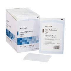 McKesson non-adherent dressing pad 3x4 sterile box; keeps wound clean during dressing changes.