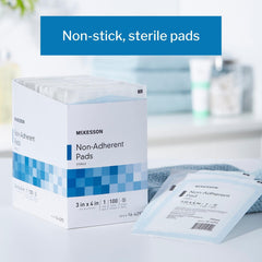 McKesson non-adherent dressing pad individually wrapped for quick, hygienic access.