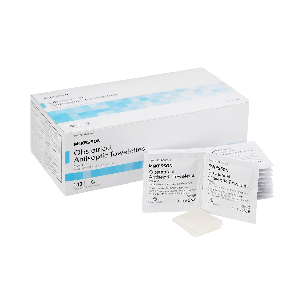 McKesson obstetrical antiseptic towelettes in individual packaging for clean, convenient use.