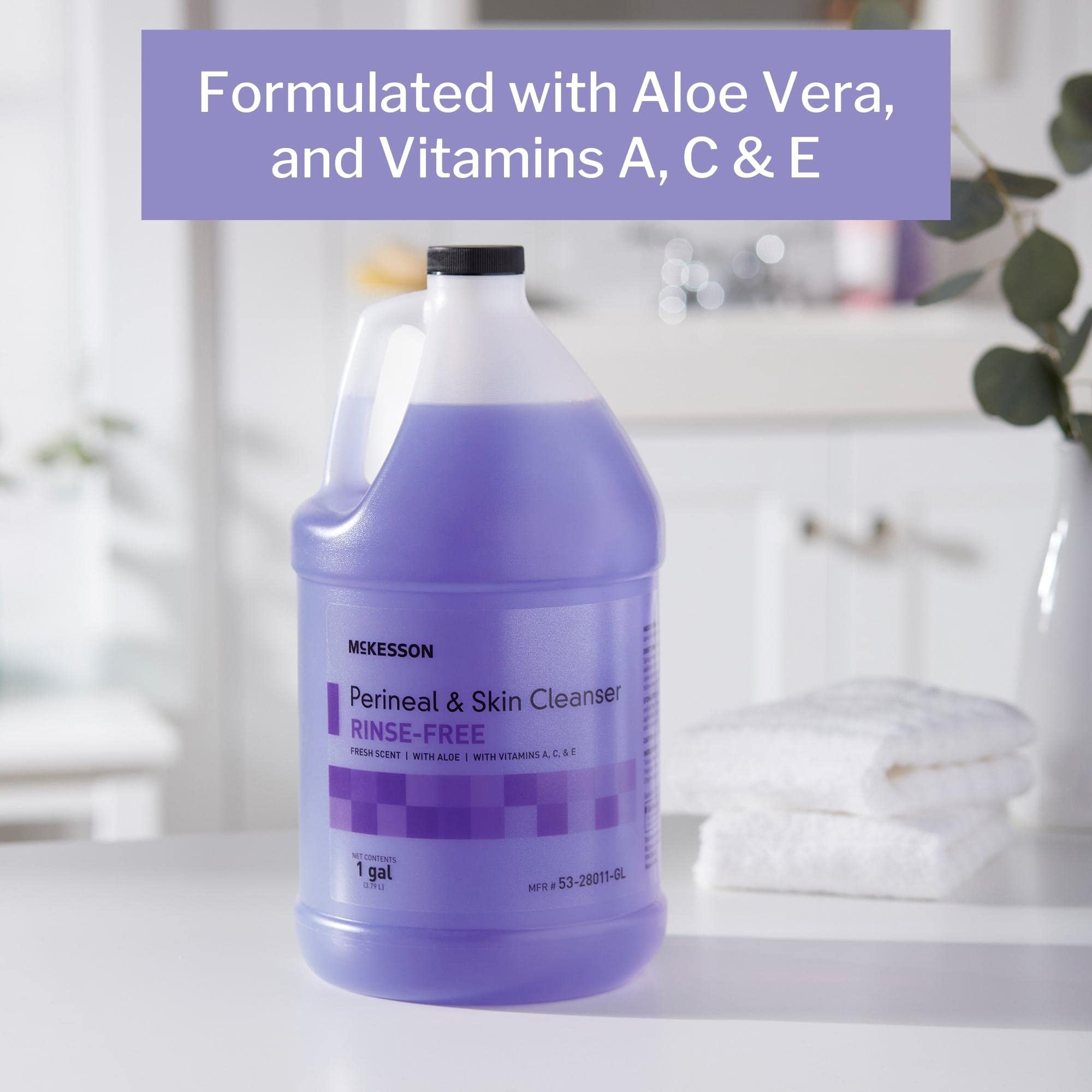 McKesson Perineal Cleanser ingredients icons emphasize gentle, balanced formula.