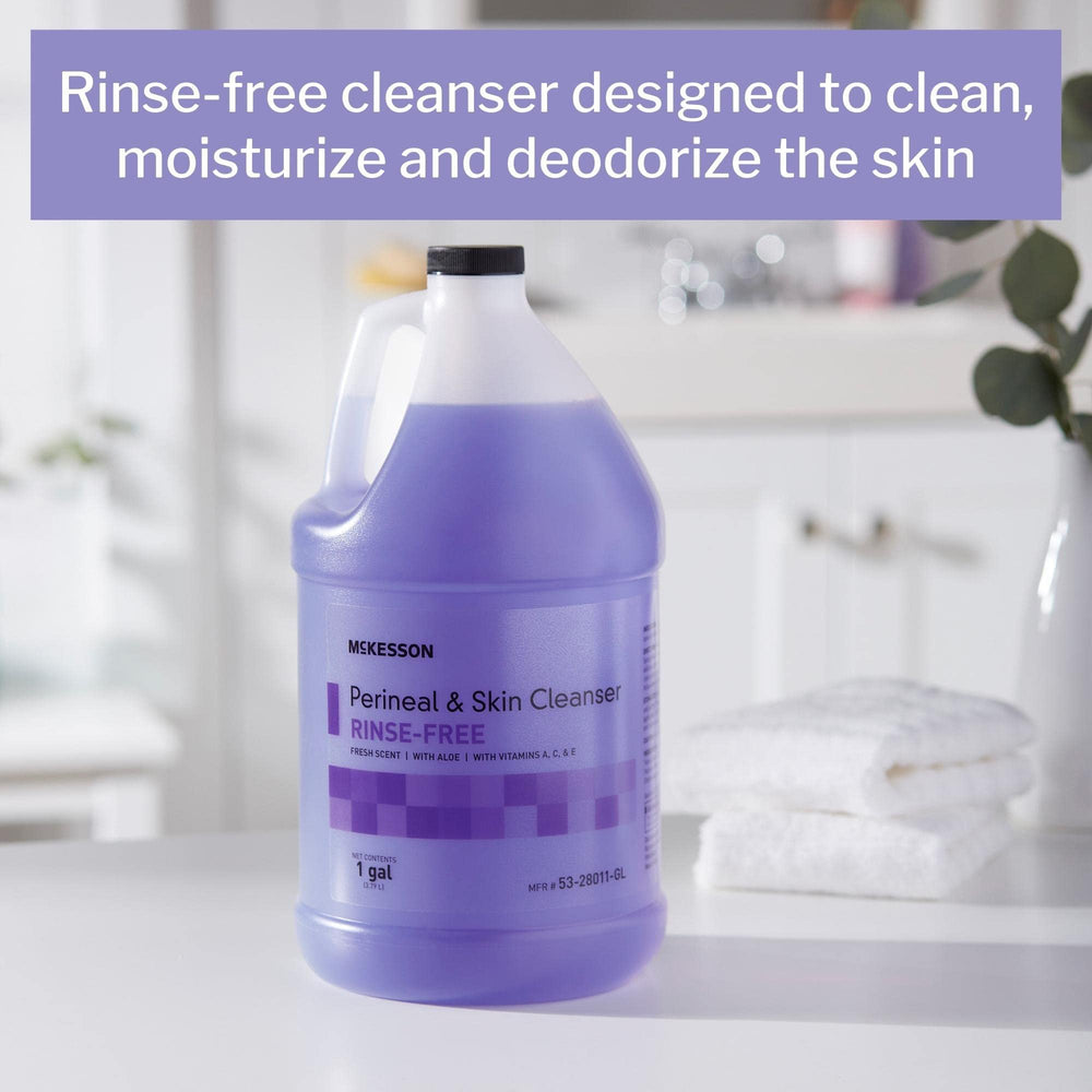 McKesson Perineal Cleanser label closeup highlighting aloe and vitamins.