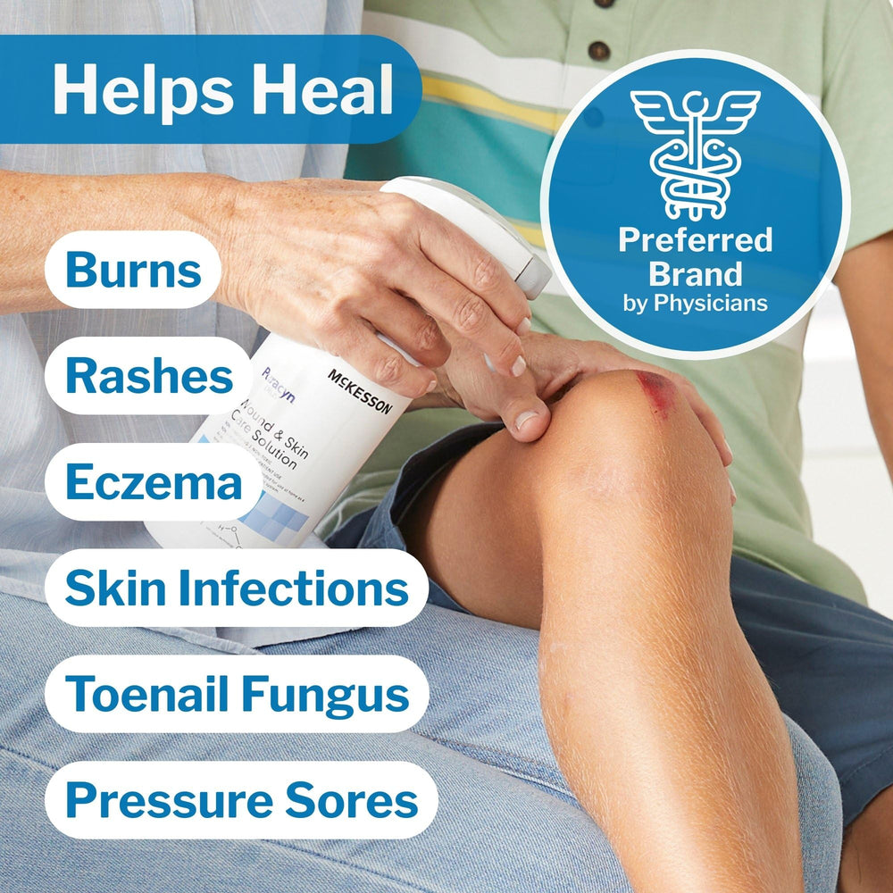 McKesson Puracyn Plus HOCl solution closeup highlights safe, skin-friendly formula.