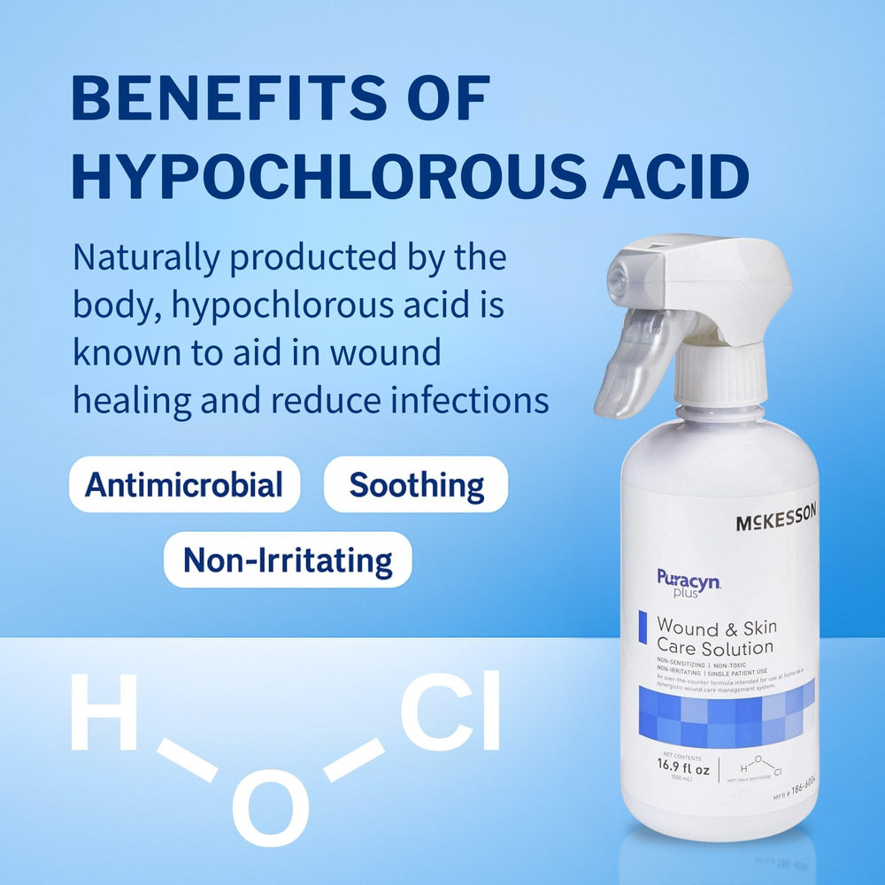 McKesson Puracyn Plus non-sting application shows soothing, sting-free wound cleaning.