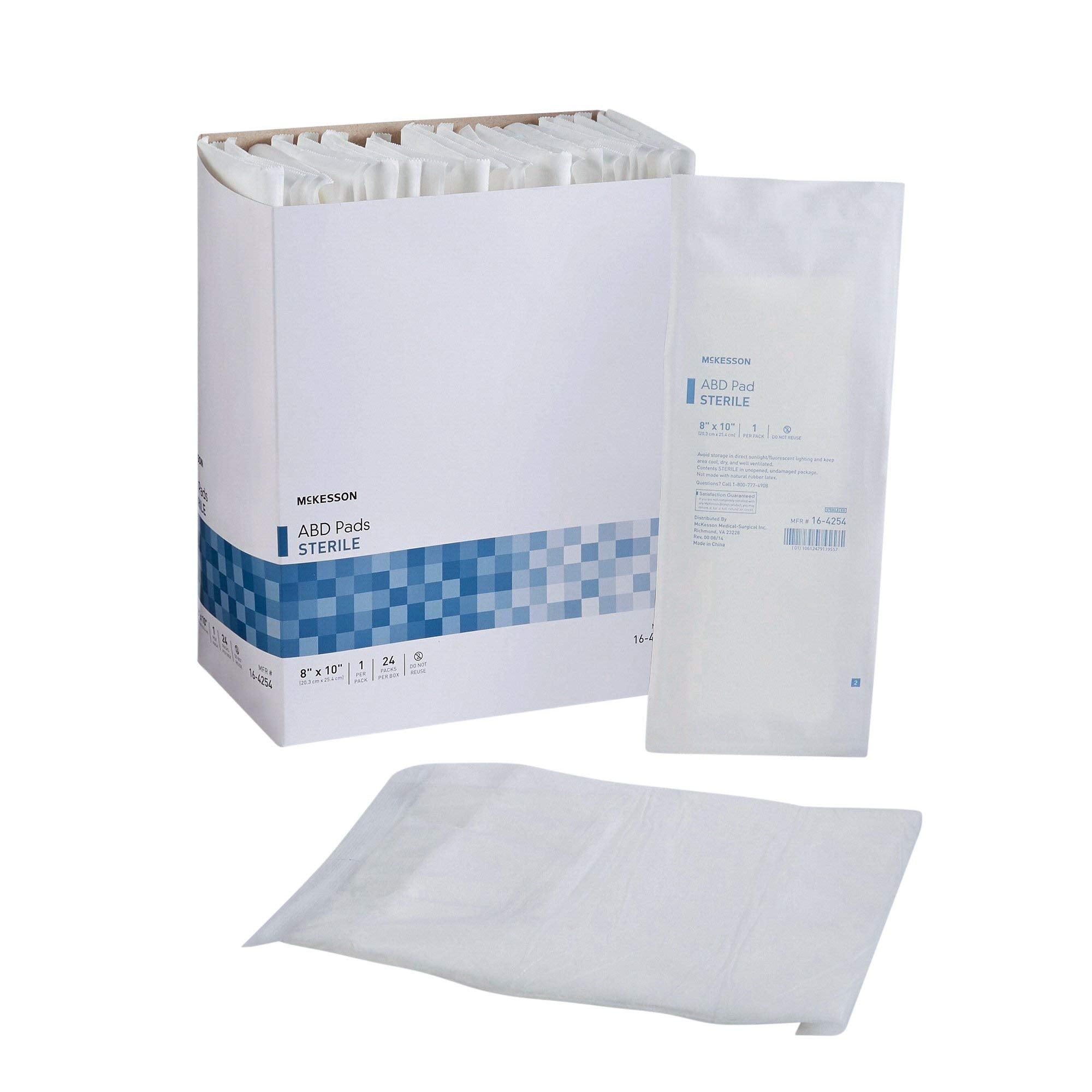 McKesson sterile ABD pads 8x10 inches demonstrate non-stick wound care for post-op sites.