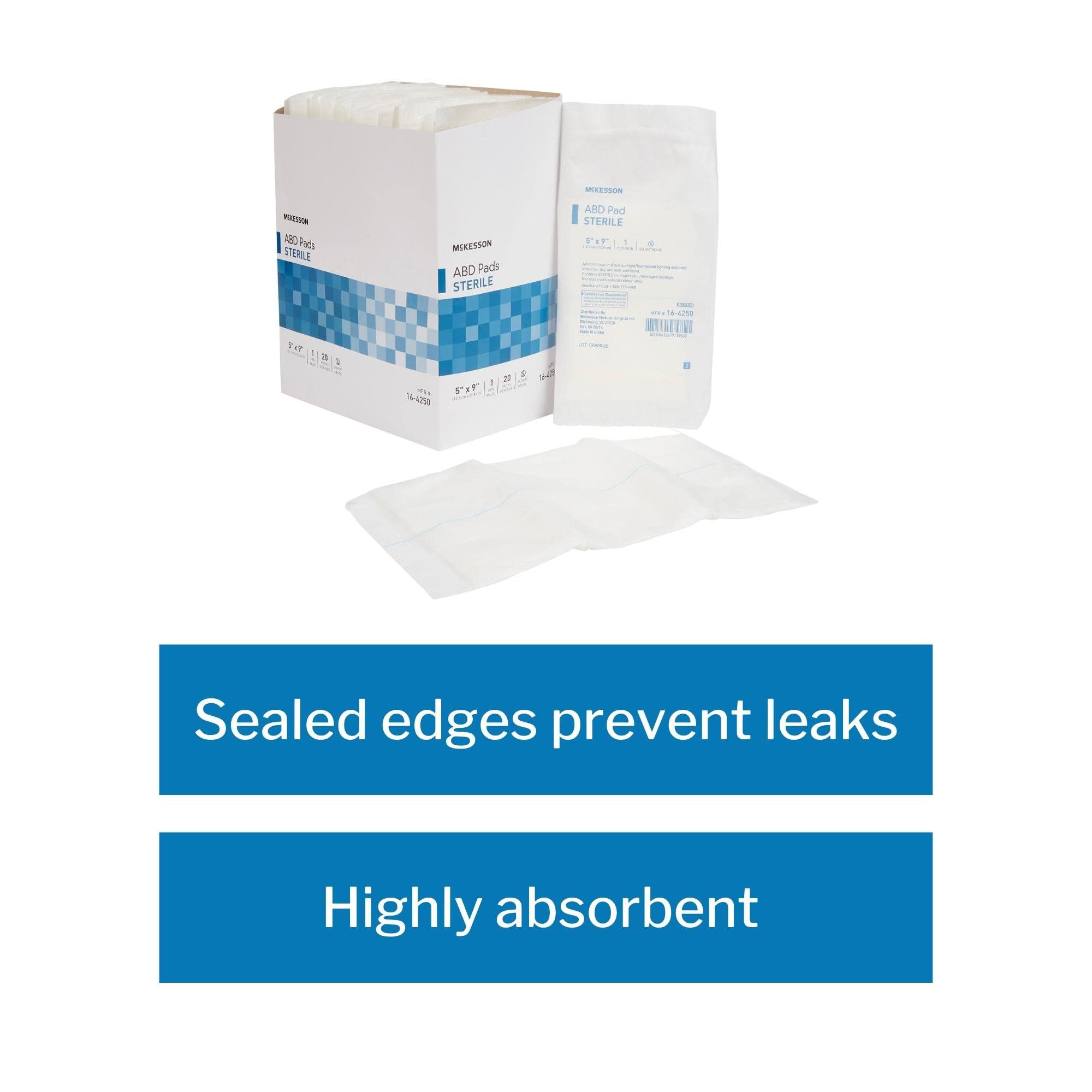 Individually wrapped sterile McKesson abdominal pad for dressing changes.