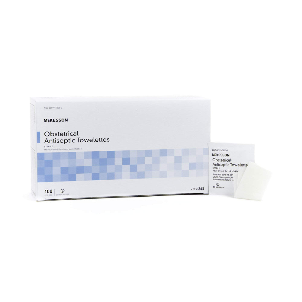 Single-use McKesson antiseptic towelettes improve hygiene in care settings.