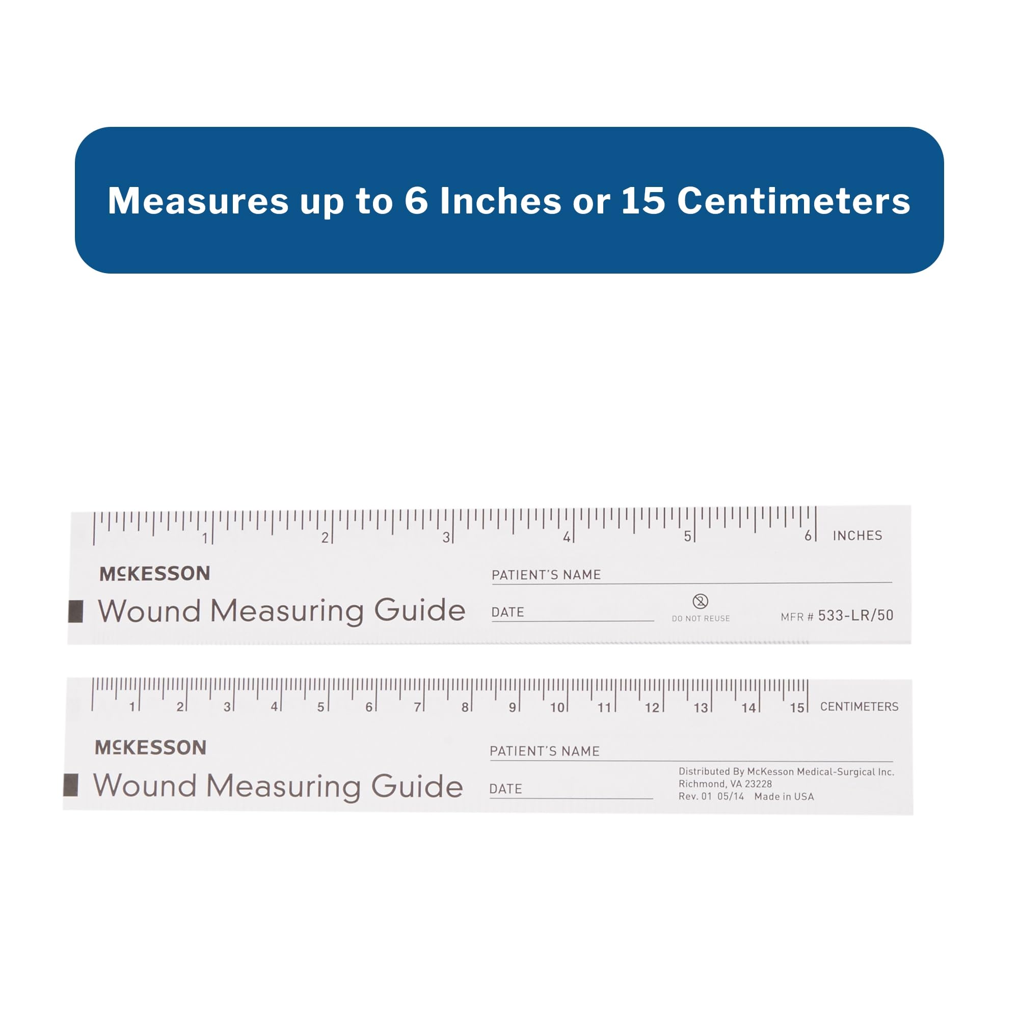 Closeup of graduated metric and imperial marks on McKesson ruler