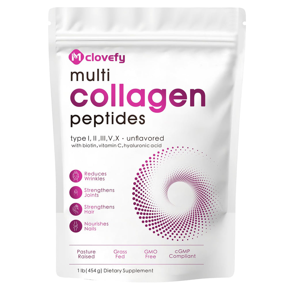 Mclovefy bottle of multi collagen peptides powder for daily use and potential hair, skin, nails support.