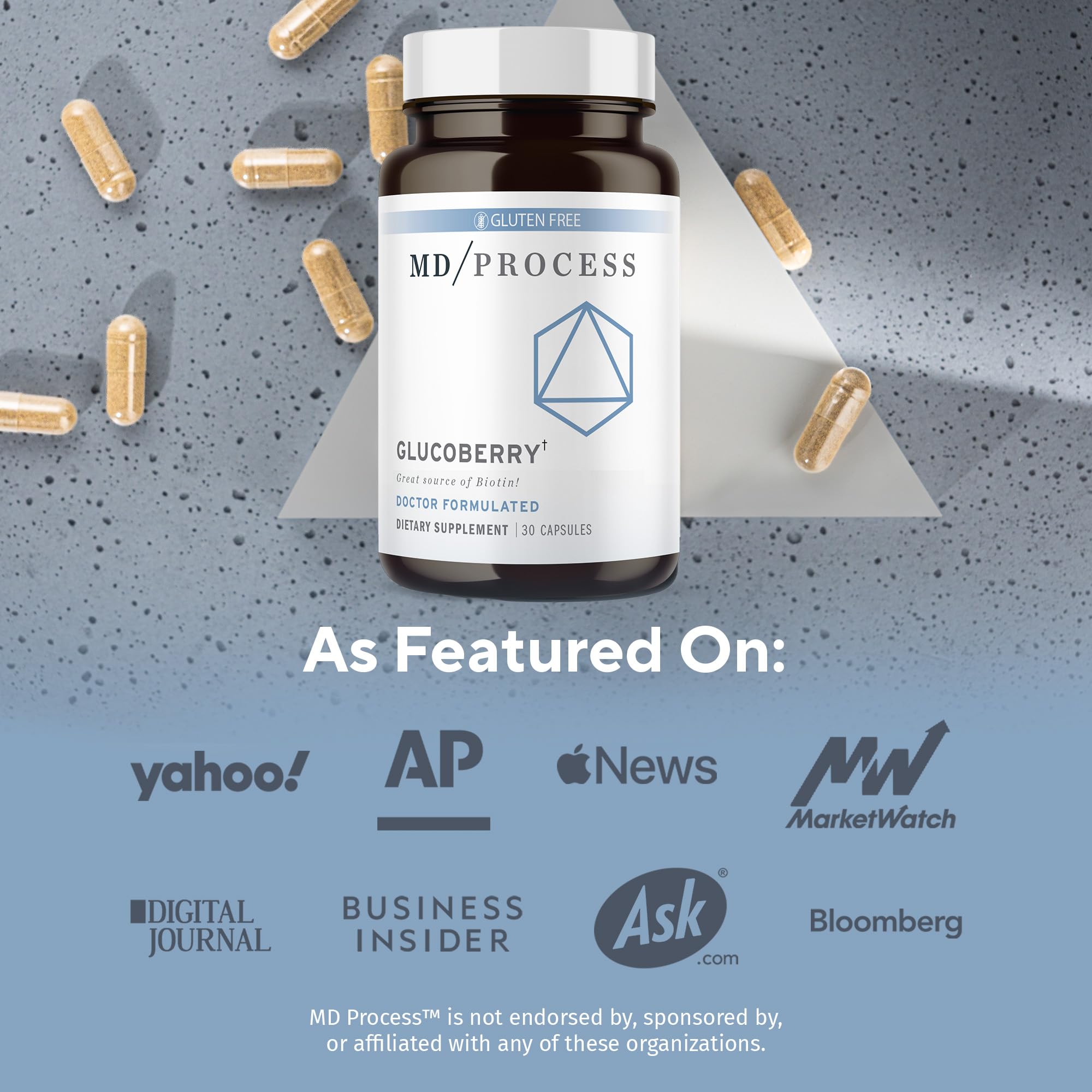 MD Process GlucoBerry label back detailing ingredients and testing