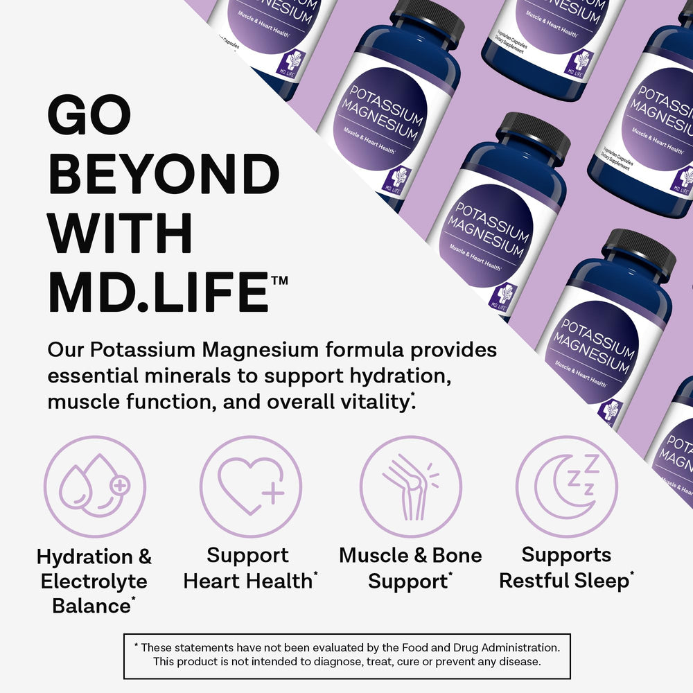 MD. Life Potassium Magnesium bottle and label showcase vegan, non-GMO, gluten-free formulation.