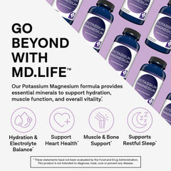 MD. Life Potassium Magnesium bottle and label showcase vegan, non-GMO, gluten-free formulation.