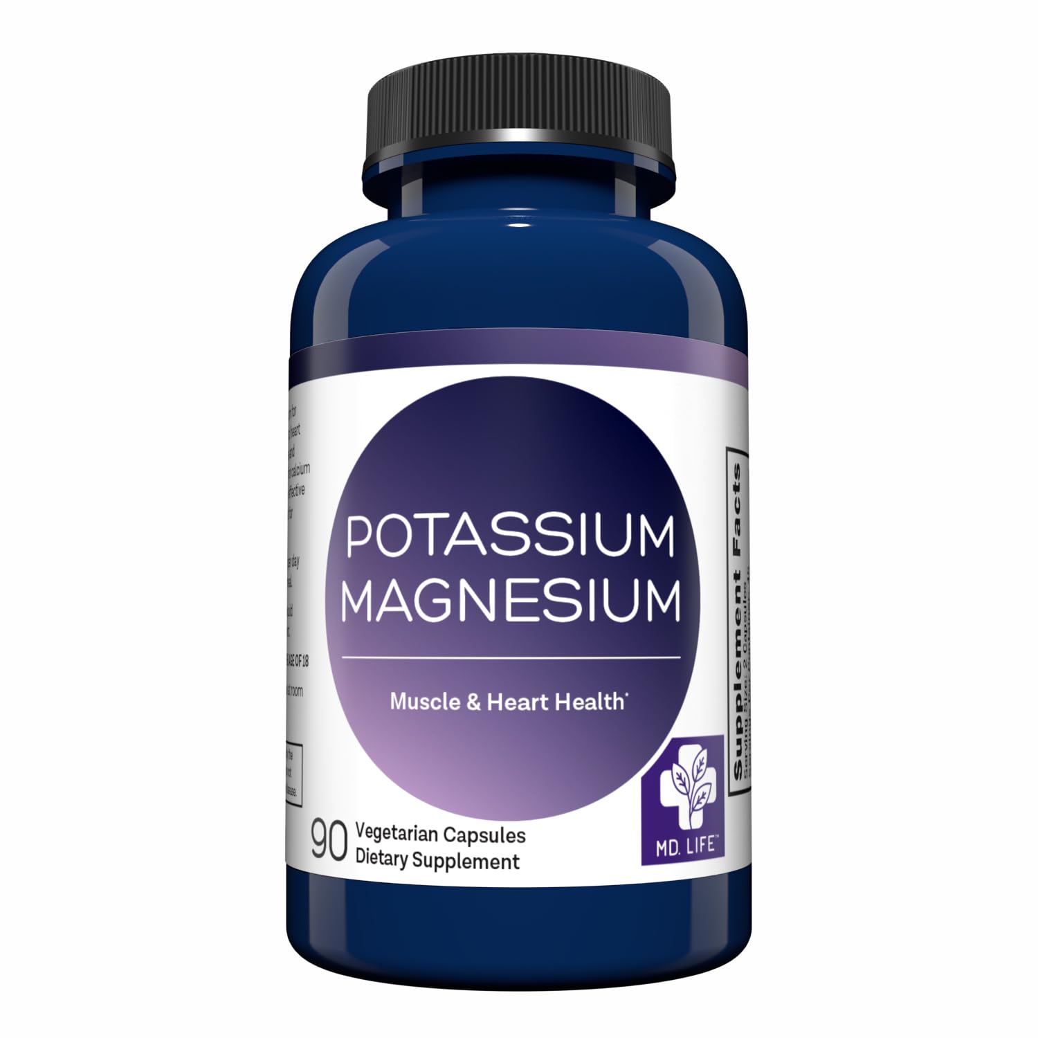 MD. Life Potassium Magnesium capsules close-up, easy daily support.