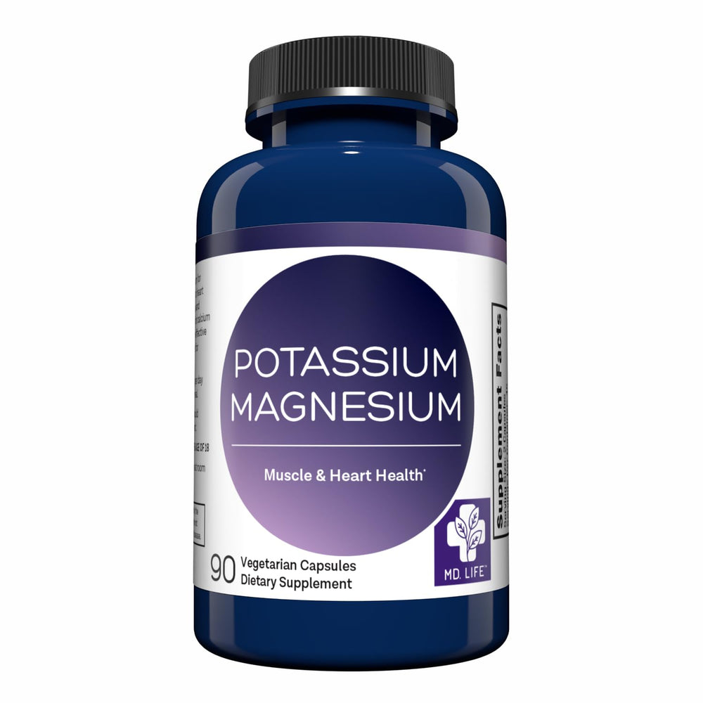 MD. Life Potassium Magnesium capsules close-up, easy daily support.