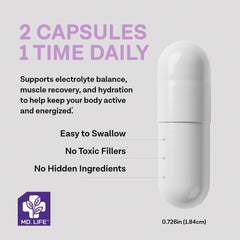 MD. Life Potassium Magnesium capsules illustrating electrolyte balance for hydration.