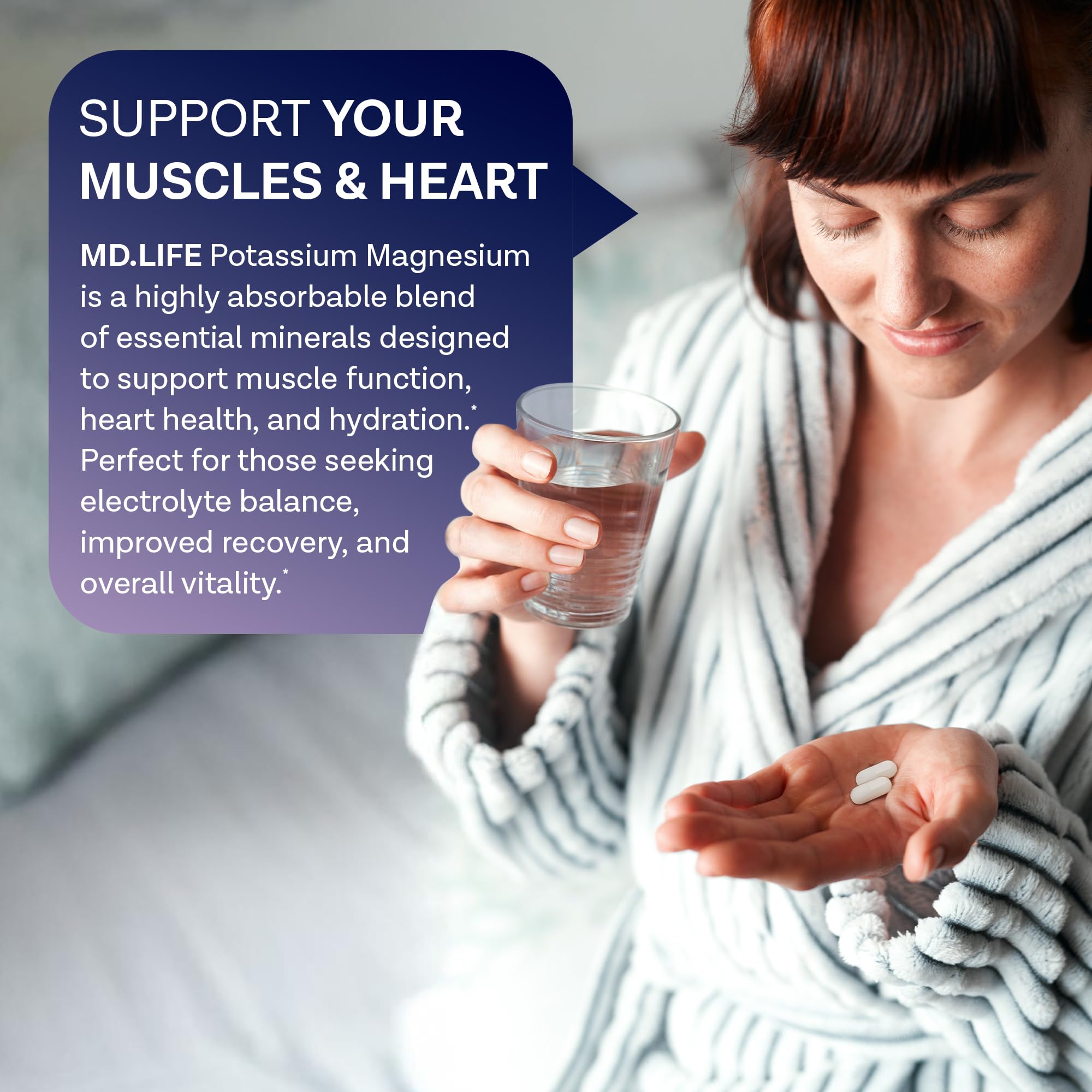 MD. Life Potassium Magnesium capsules aiding muscle function and nerve support.