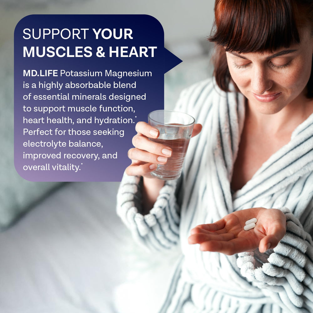 MD. Life Potassium Magnesium capsules aiding muscle function and nerve support.
