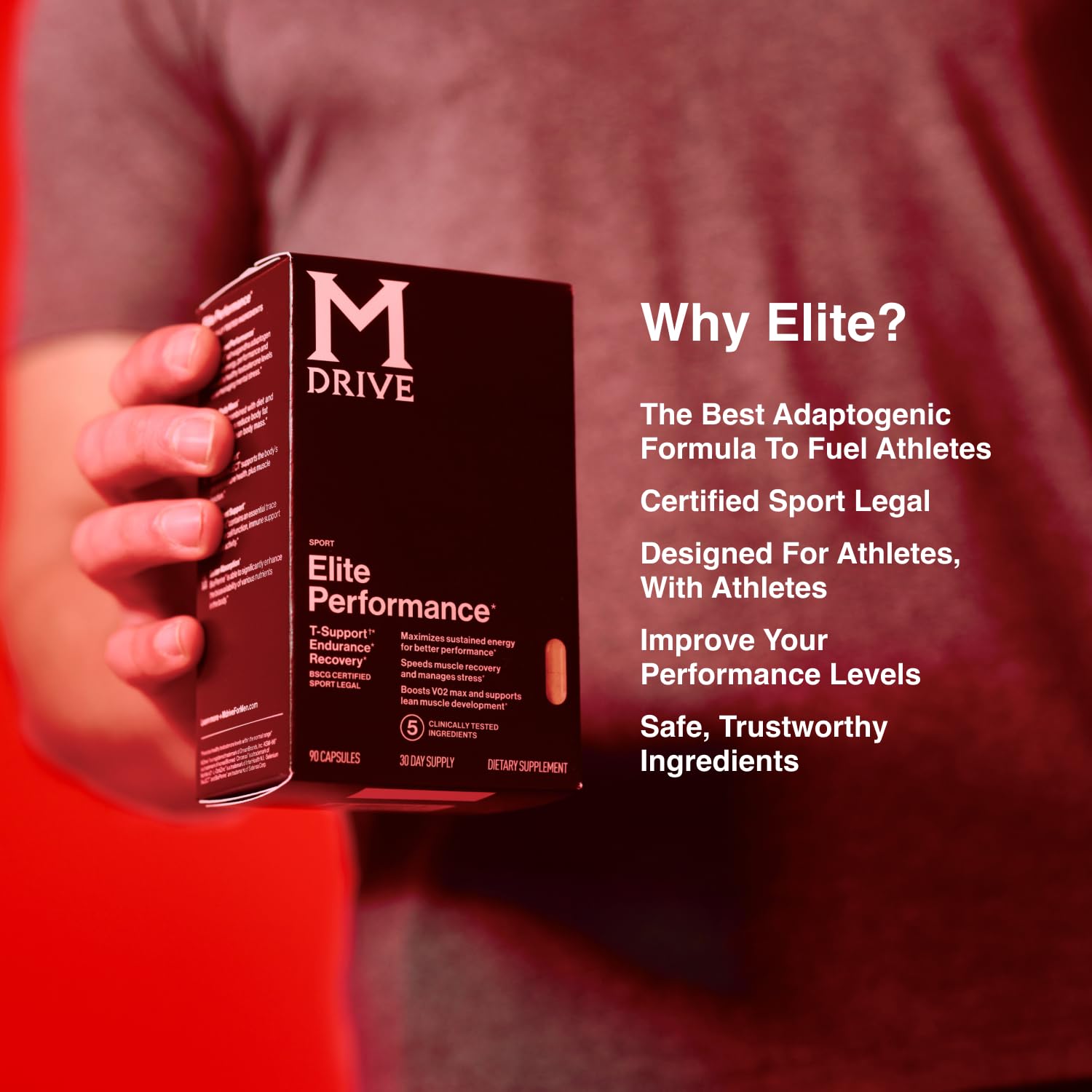 Mdrive Elite serving chart shows recommended intake and ingredients.