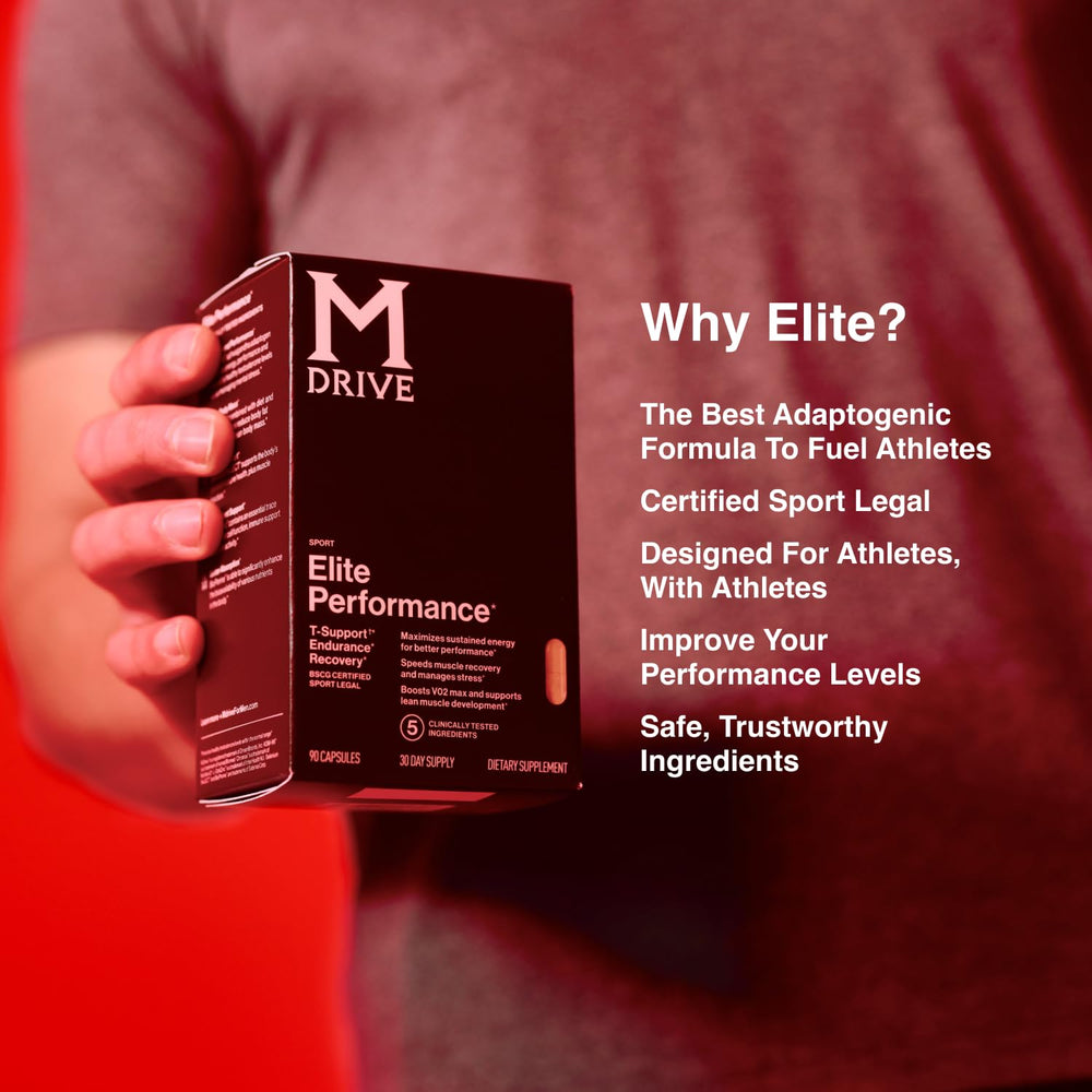 Mdrive Elite serving chart shows recommended intake and ingredients.