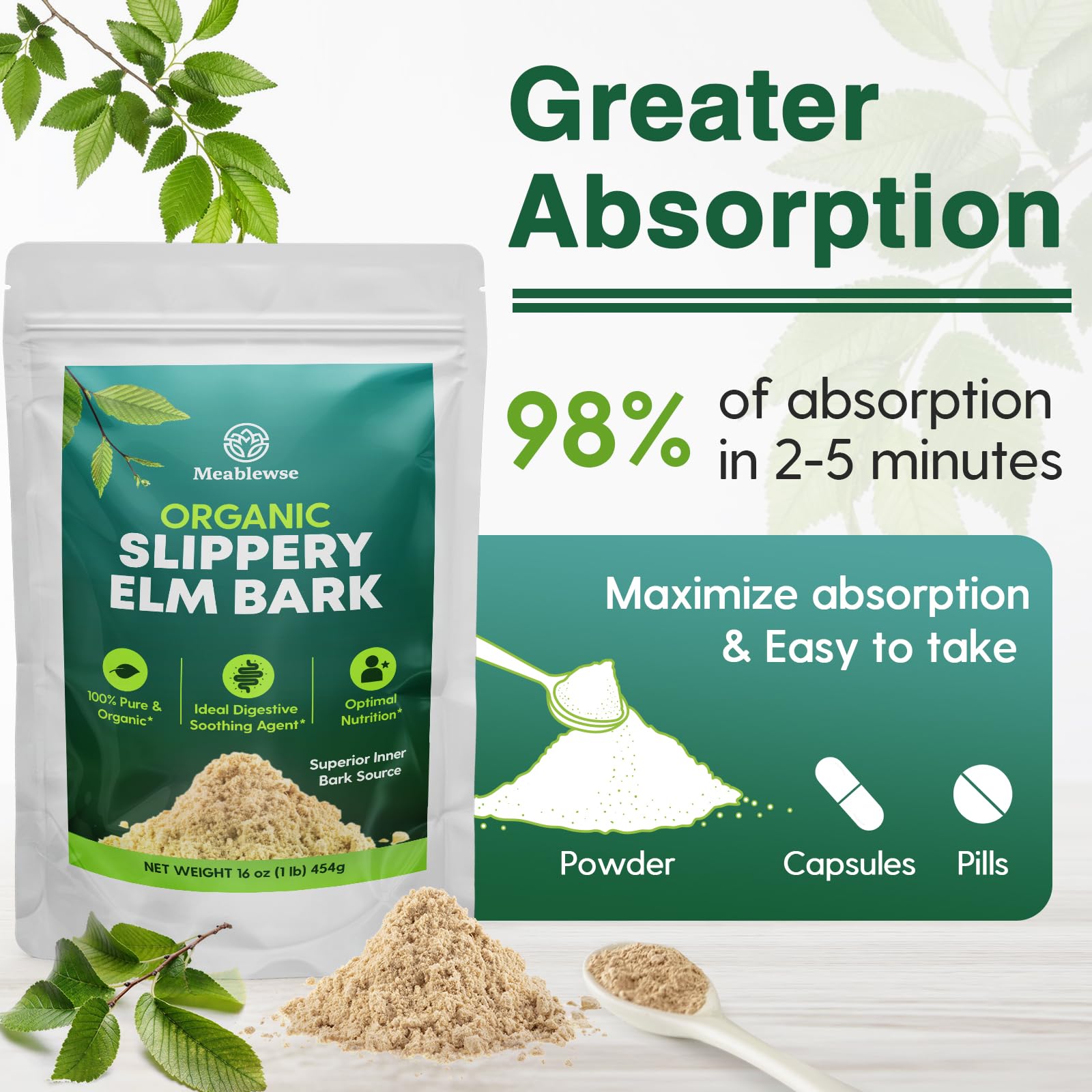 Meablewse Slippery Elm 1 lb bag; long-lasting servings on the seal.