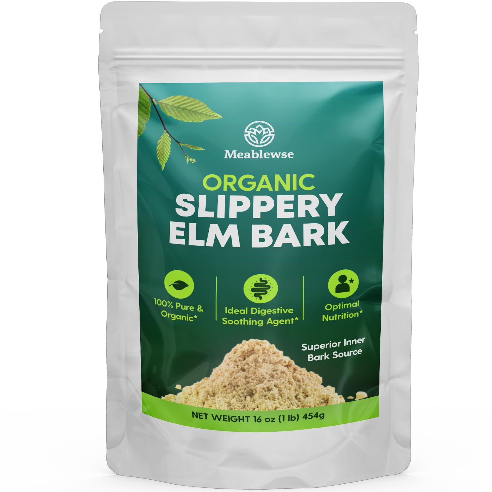 Meablewse Slippery Elm powder in bag front; vegan, non-GMO support for gut comfort.