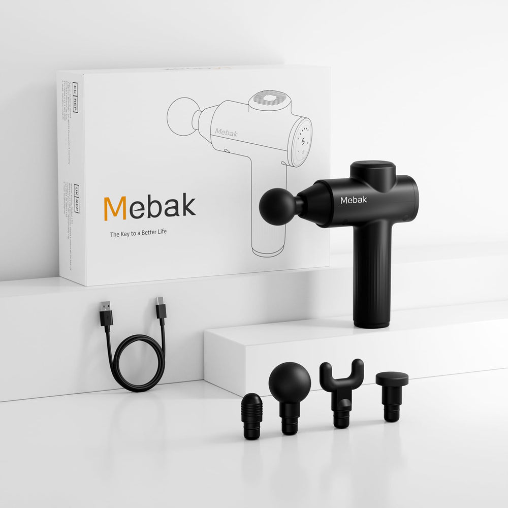 Mebak 7 massage gun compact size fits in a bag for travel.