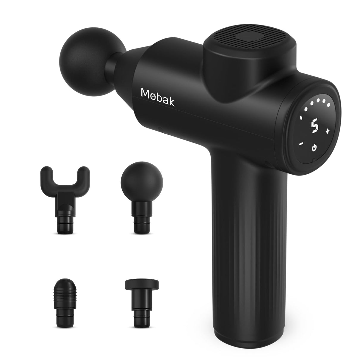 Mebak 7 massage gun front view shows a compact design for home, gym, and office recovery.