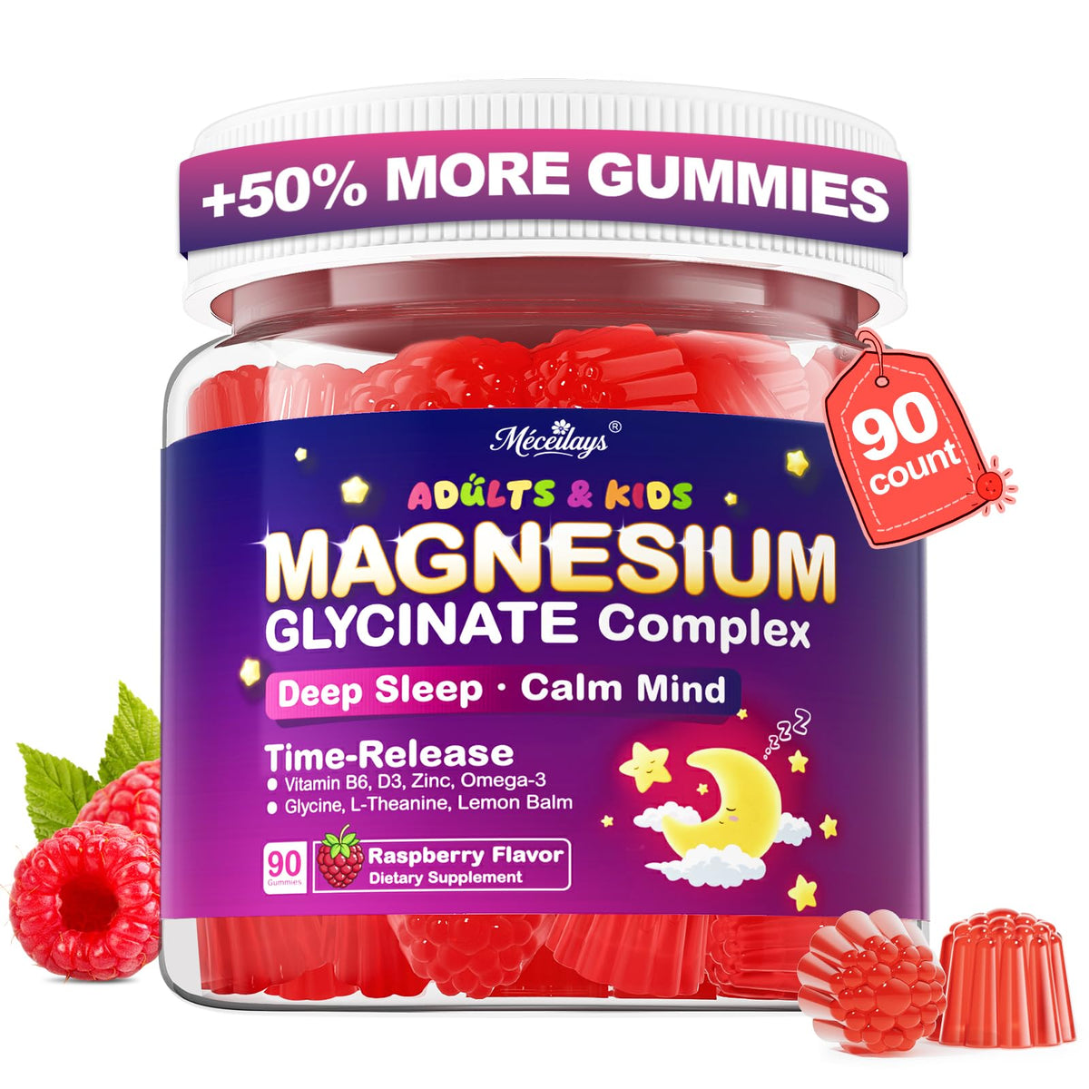 Meceilays magnesium glycinate gummies raspberry bottle front promoting gentle nightly calm.