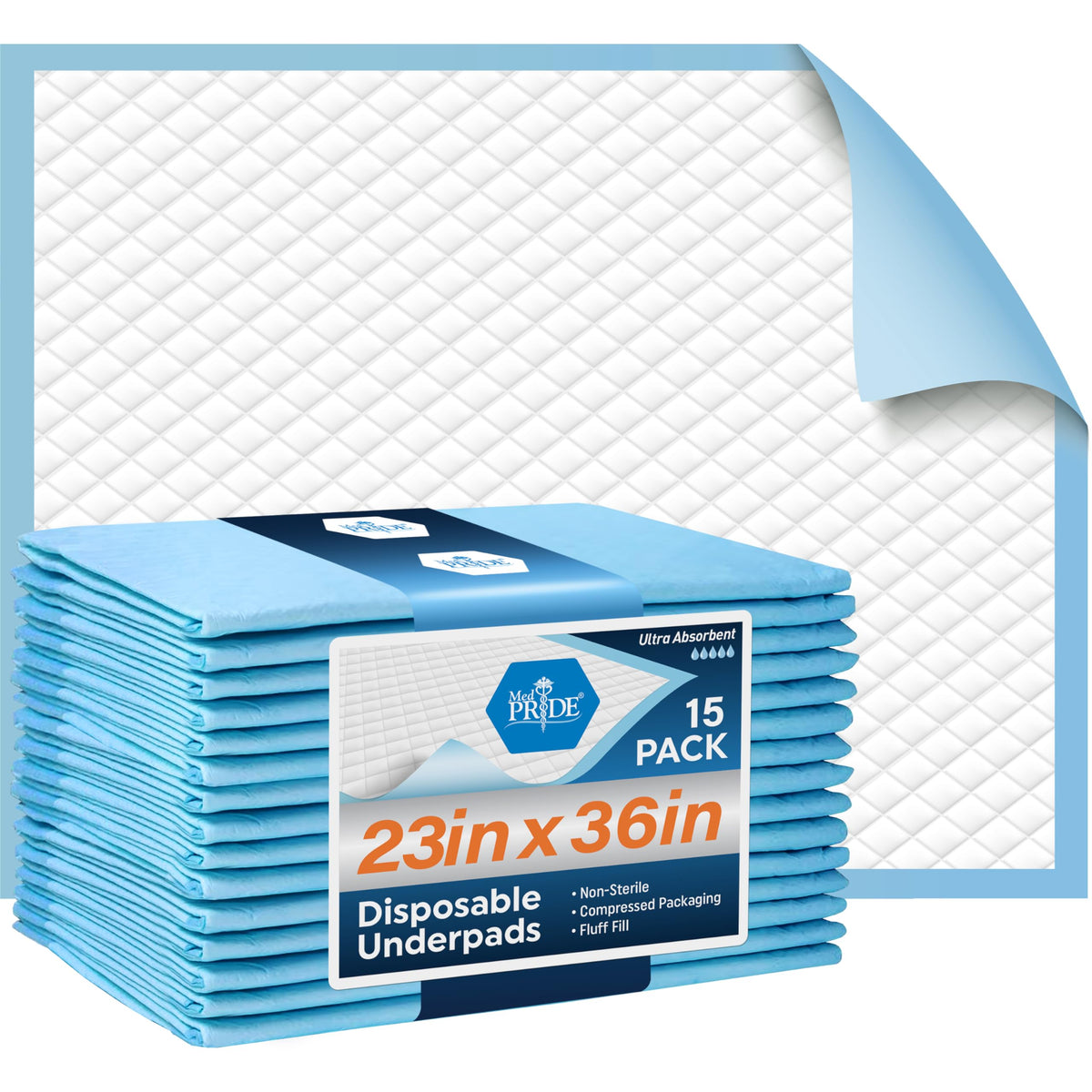 MED PRIDE chux pad 23x36 in blue and white protects bedding.