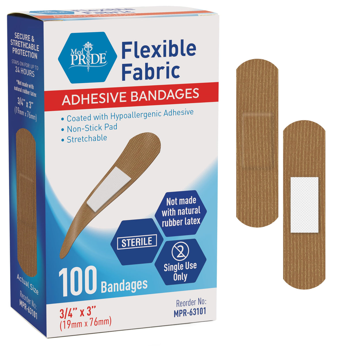 MED PRIDE hypoallergenic fabric bandages packaging for ready to use protection.