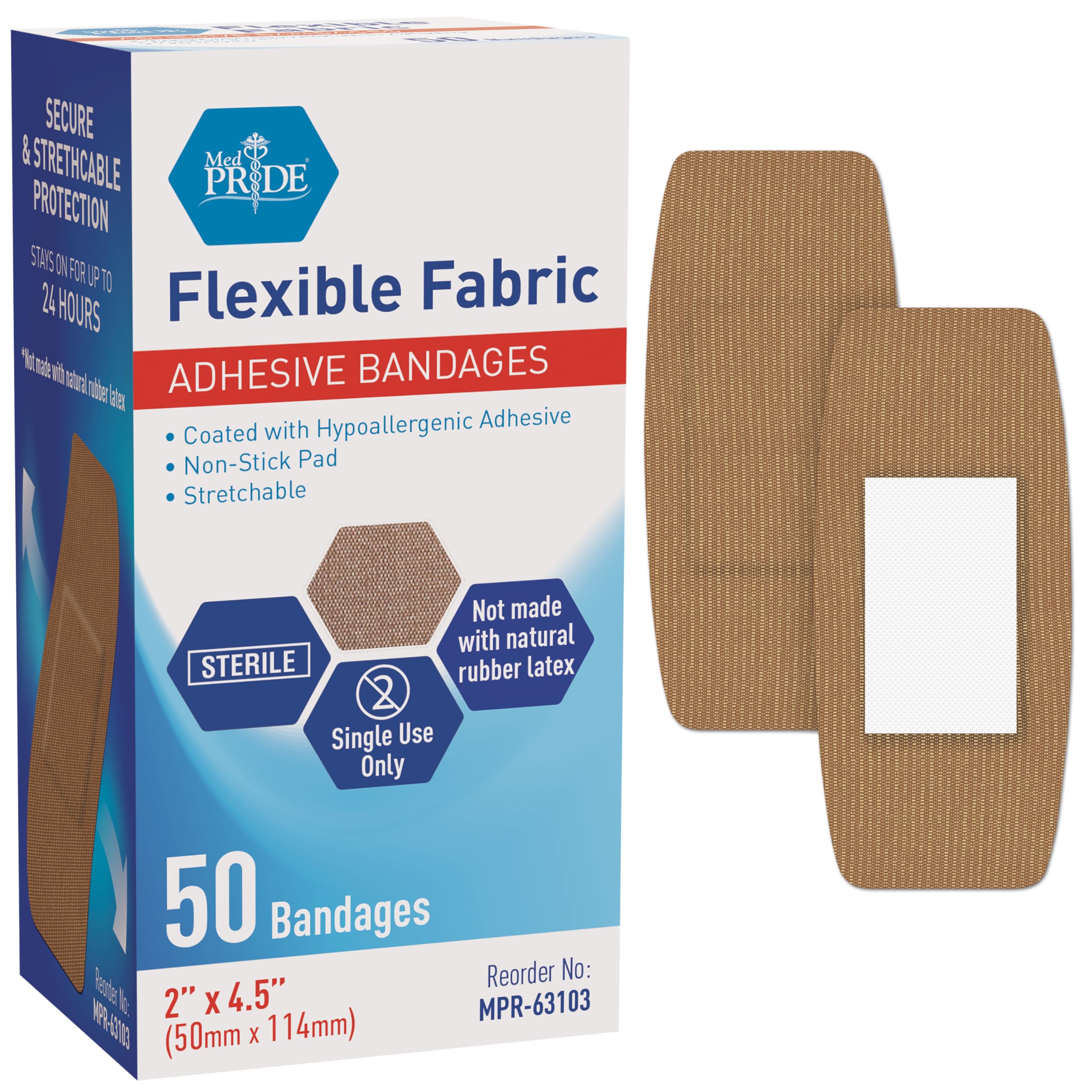 MED PRIDE sterile bandages, individually wrapped for clean, on-the-go wound care.