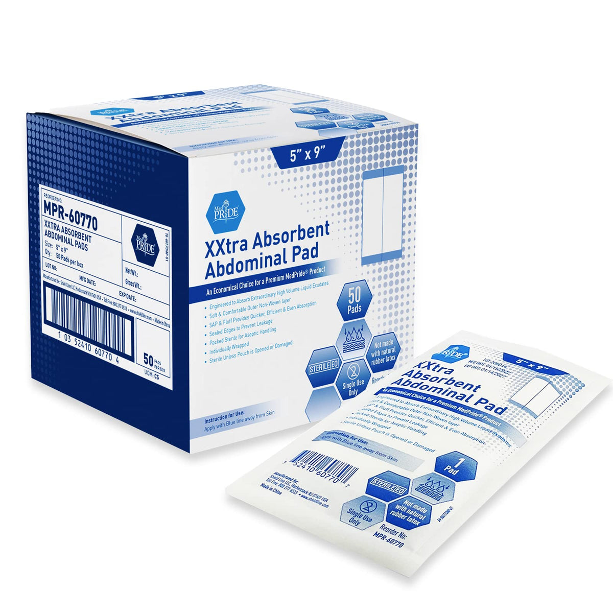 MED PRIDE abdominal pad 5x9 packaging for heavy drainage wounds