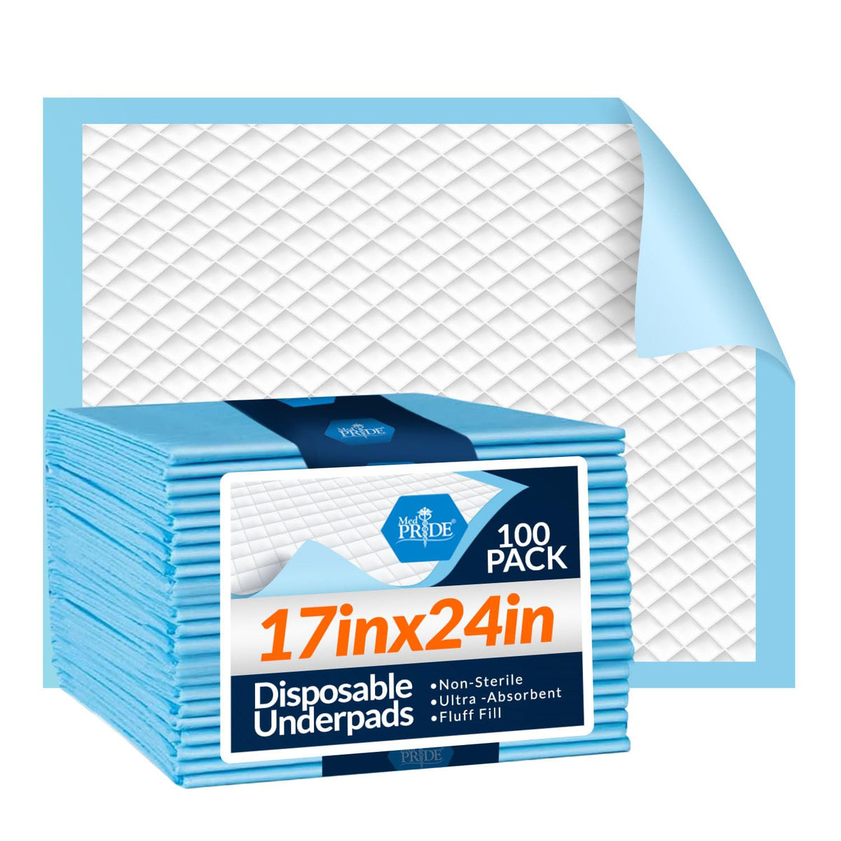 MED PRIDE disposable underpads packaging highlights 300-count bulk for easy rest and replacement.