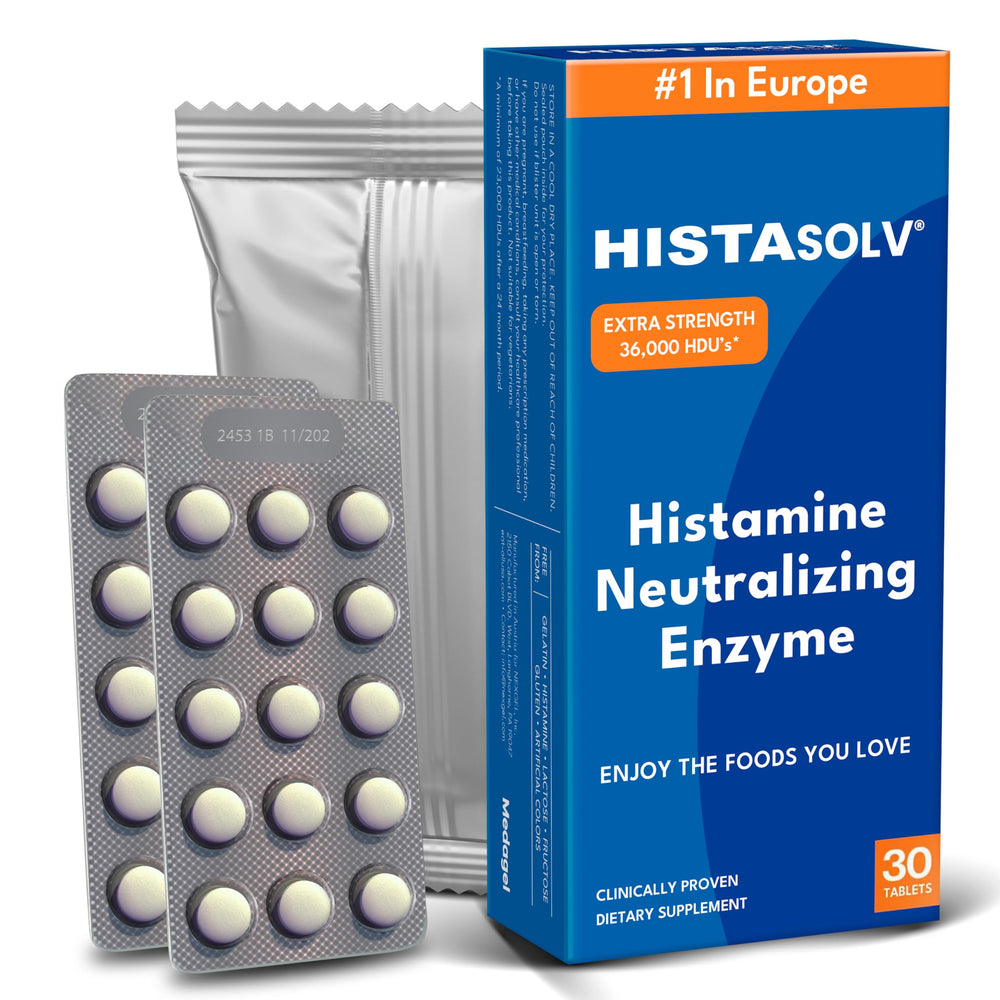 Medagel HISTAsolv extra-strength tablets in pack front view for quick histamine relief possibilities.