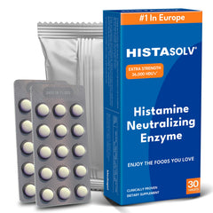 Medagel HISTAsolv extra-strength tablets in pack front view for quick histamine relief possibilities.