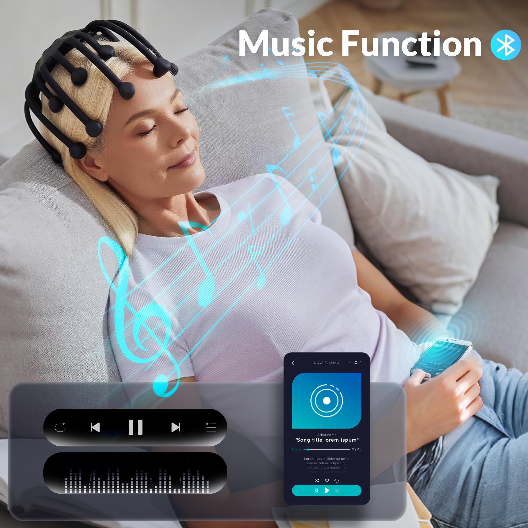 MEDAMOC massager with music playback to set ambiance during use.