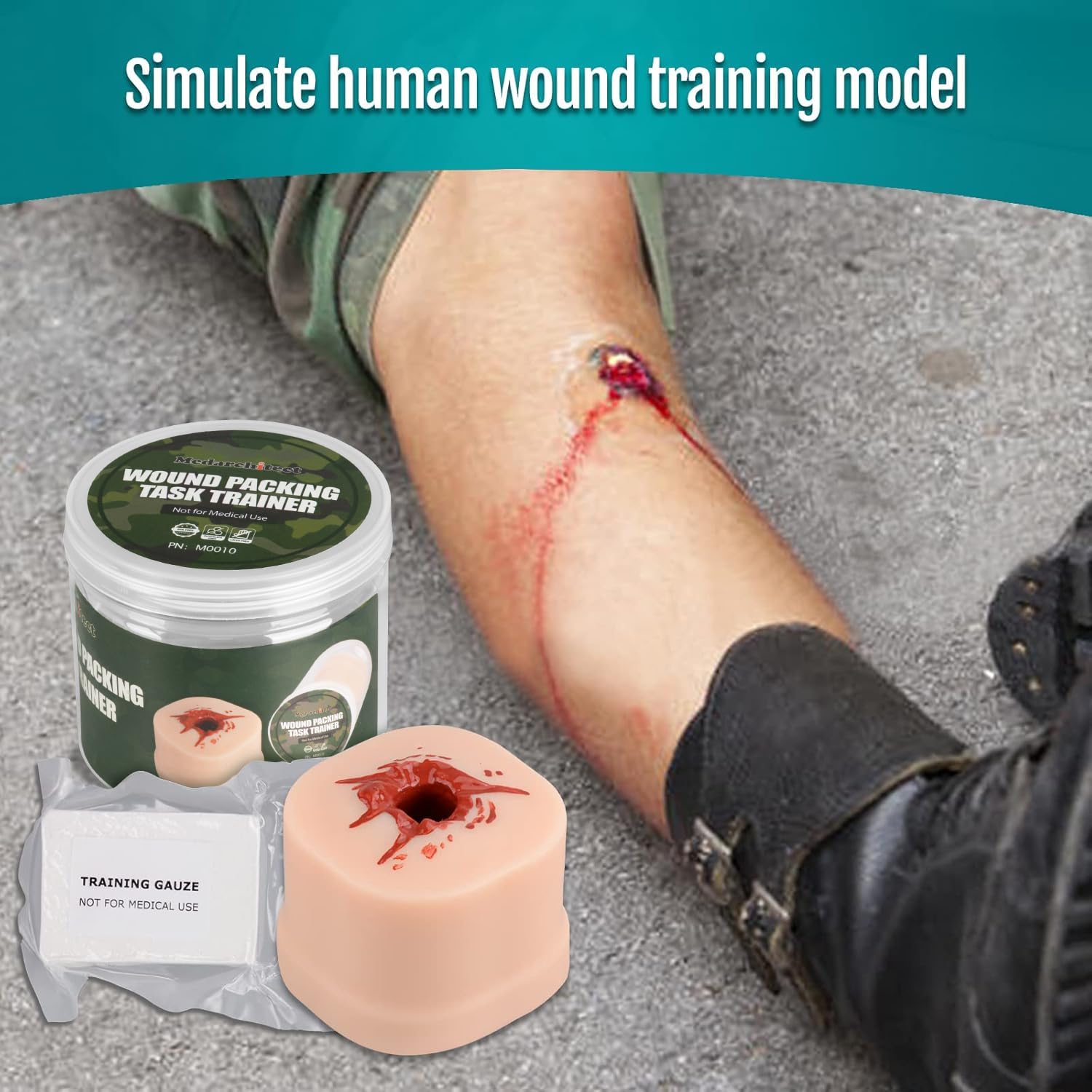 Medarchitect simulated wound model with blood enhances realism during dressing drills.