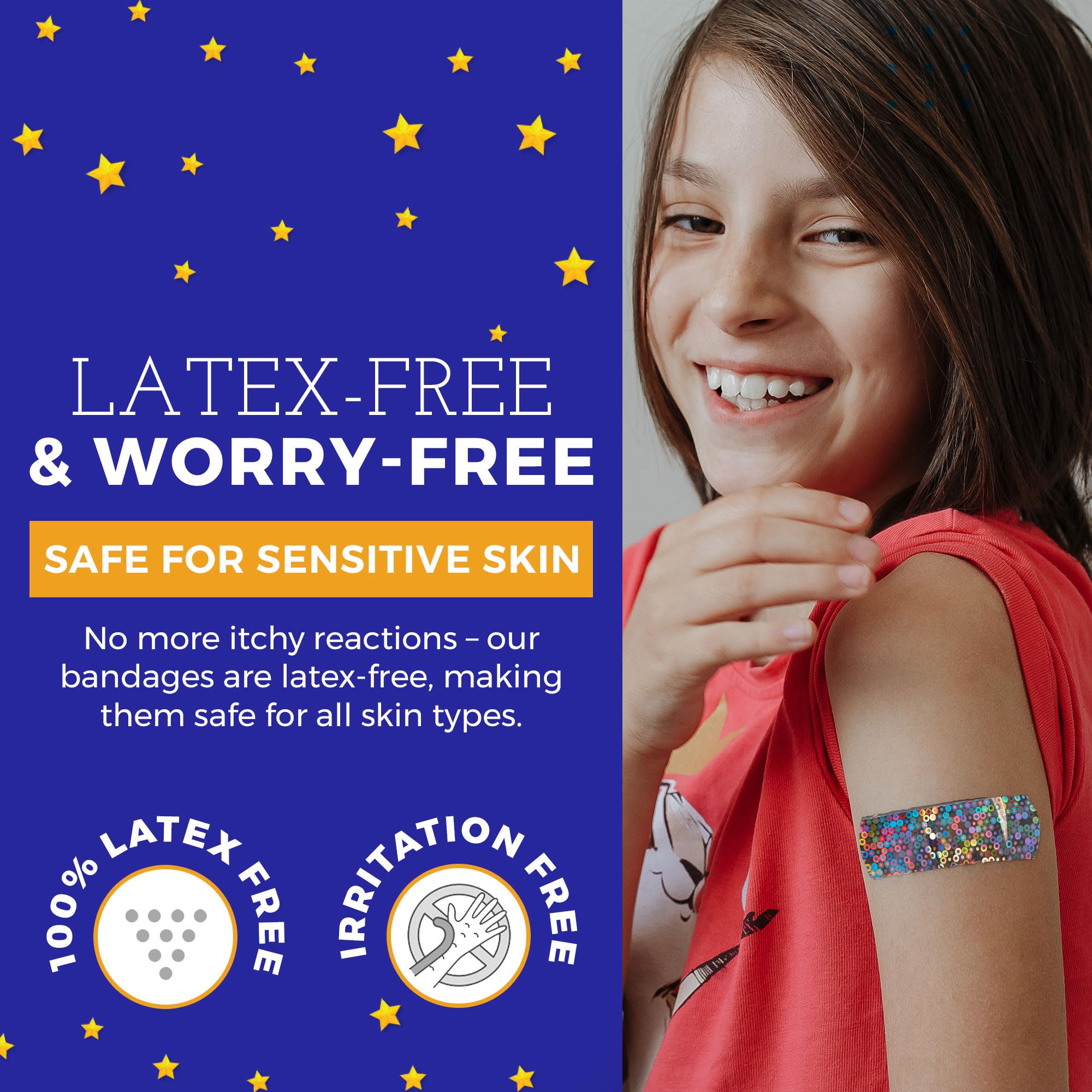 MEDca Glitter Bandages adhesive closeup showing strong hold and gentle removal