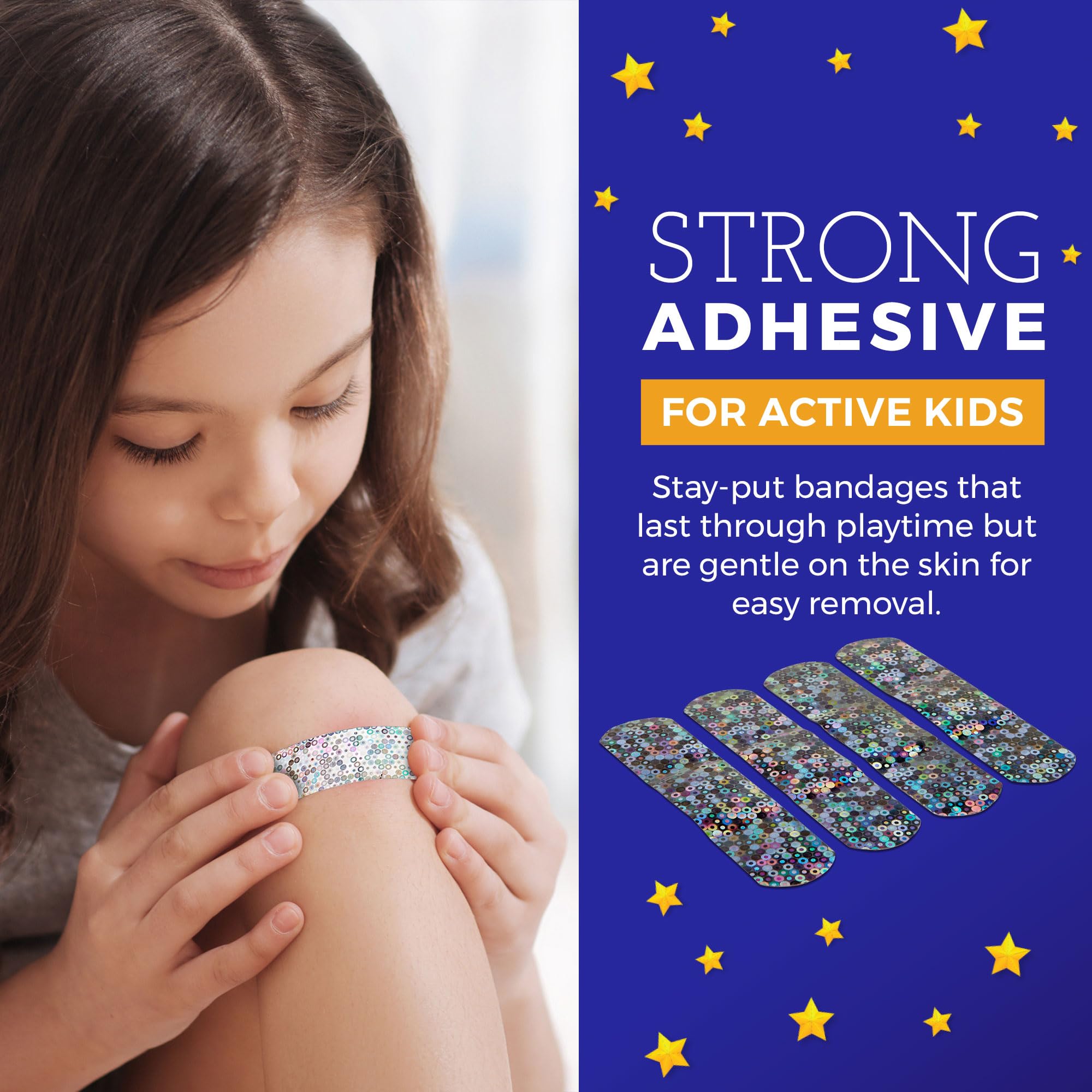 MEDca Glitter Bandages kids box back highlighting latex-free protection and easy opening