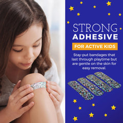 MEDca Glitter Bandages kids box back highlighting latex-free protection and easy opening