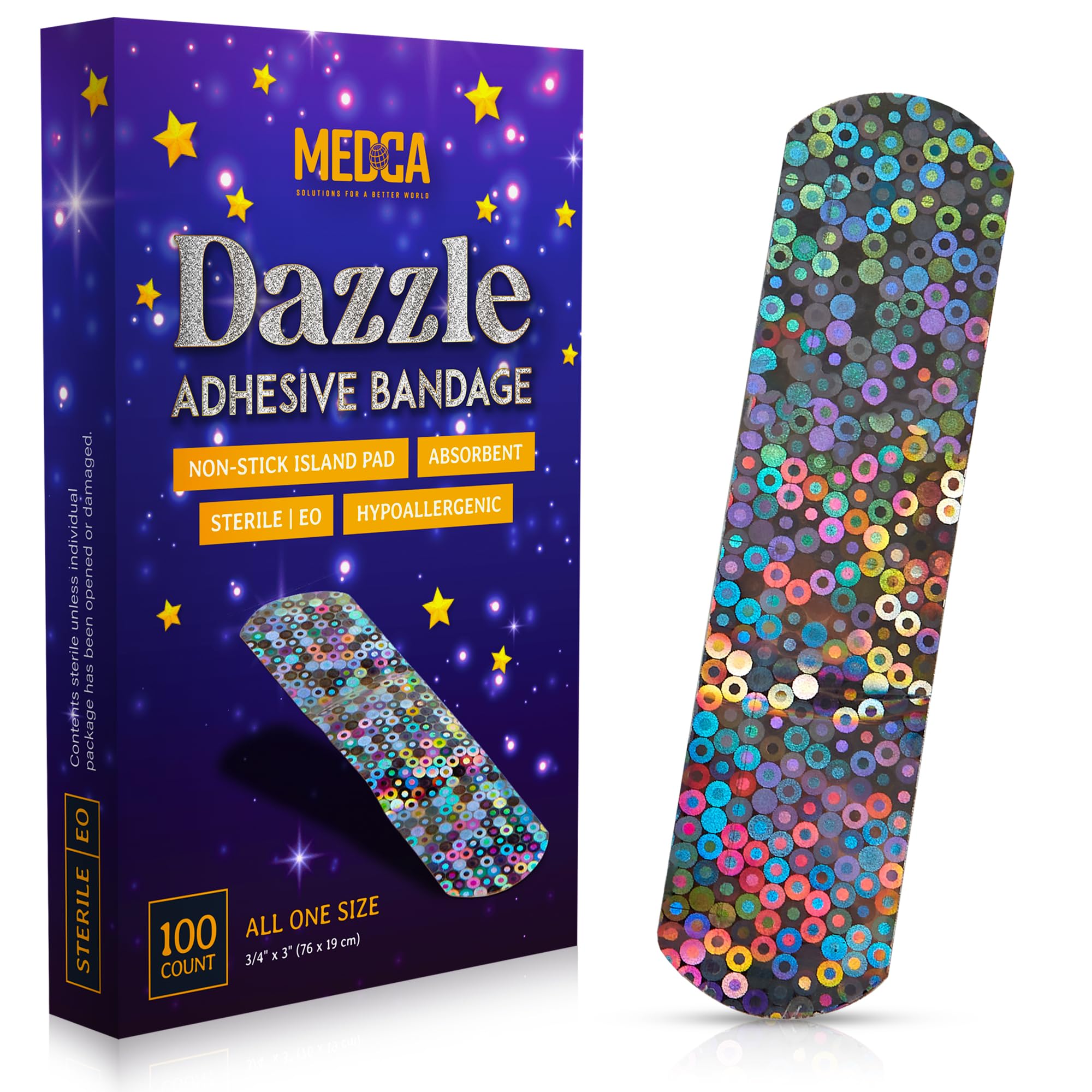 MEDca Glitter Bandages for Kids box front with colorful designs for quick care