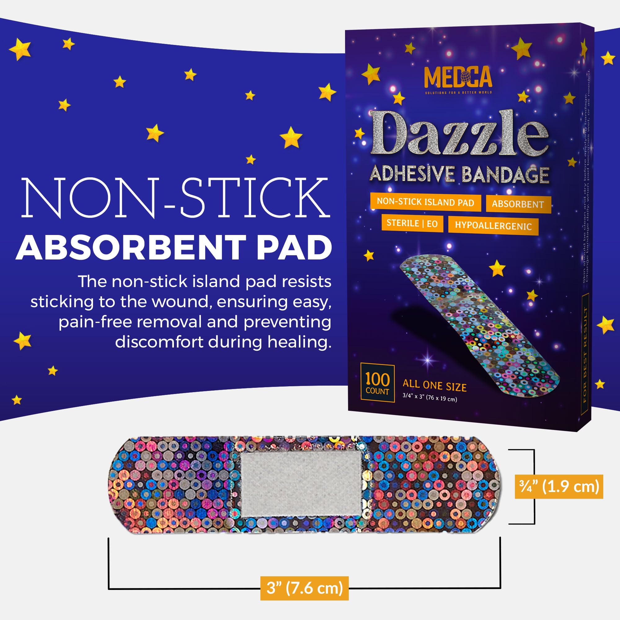 MEDca Glitter Bandages design variety with bright colors on the wrap